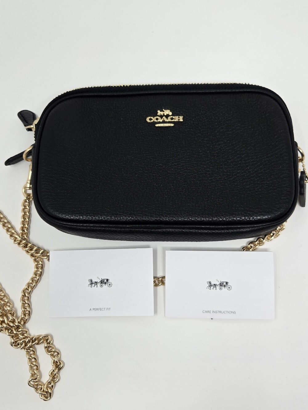 Coach Crossbody Pouch Bag F72490 Black Pebbled Leather Gold Chain Strap